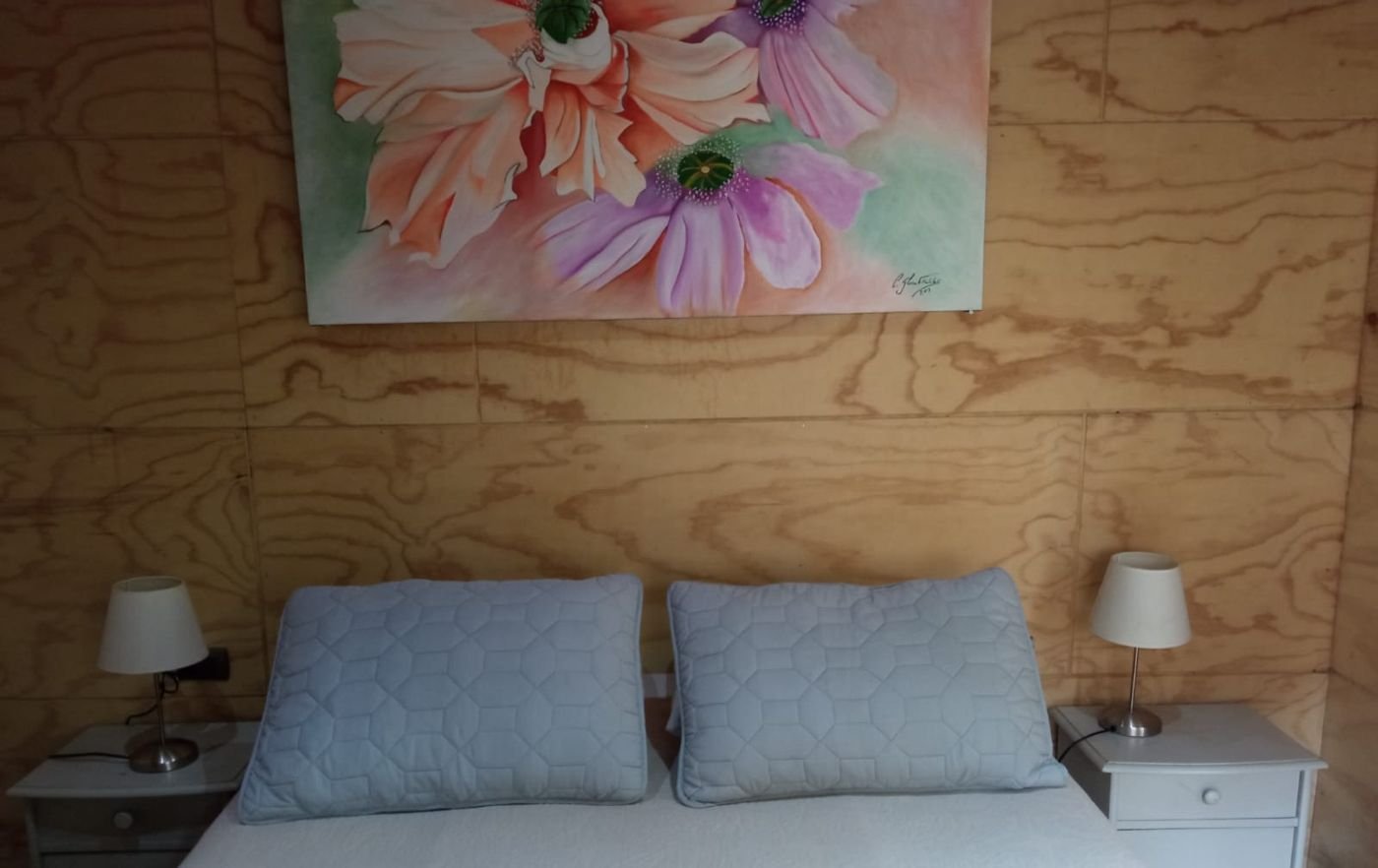 Cama matrimonial con almohadas celestes